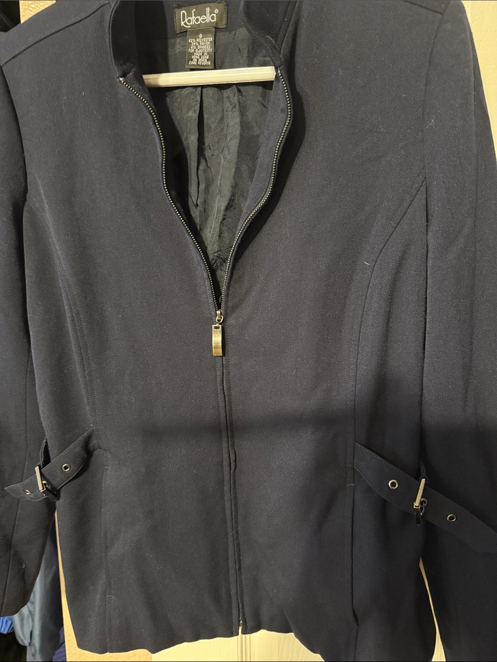 Rafaella Black Zip-Front Wool-Blend Jacket with Side Buckle Tabs